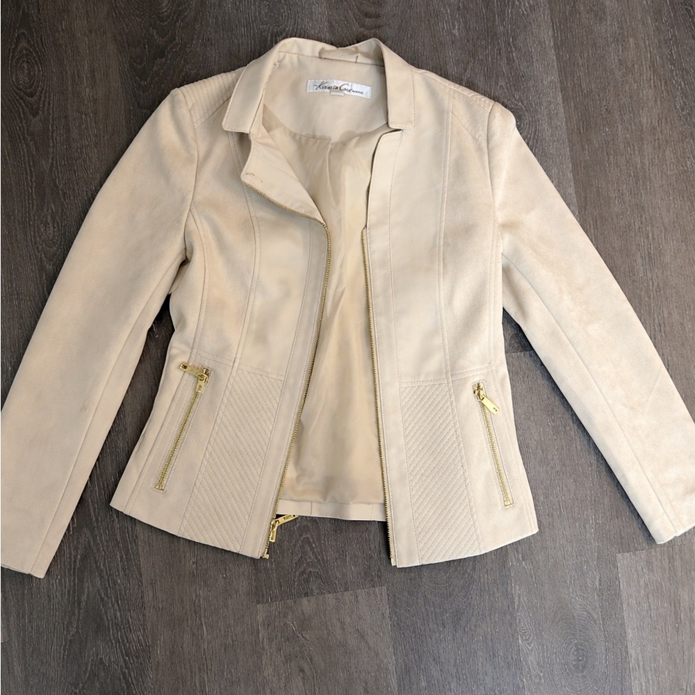 Kenneth Cole Cream Moto-Style Blazer | Gold Zipper Details | Size Small
